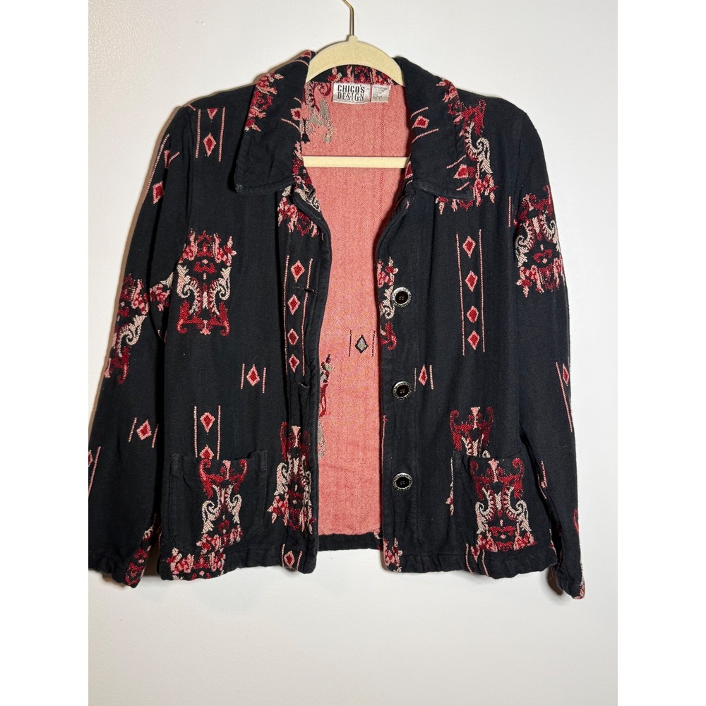 Chicos Design Black Red Ikat Embroidered Button Front Jacket Cotton Blend Size 1 - Picture 2 of 10